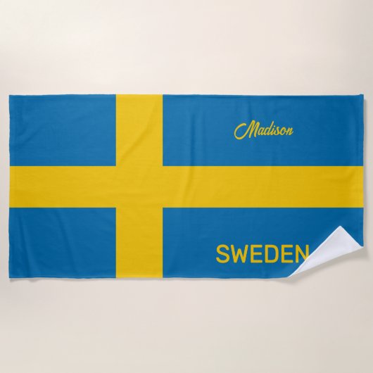 Aangepaste naam & tekst Zweedse vlag Strandlaken (Voorkant)