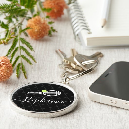 Aangepaste naam Tennis Ball Racket Monogram Sleutelhanger (Zijkant)