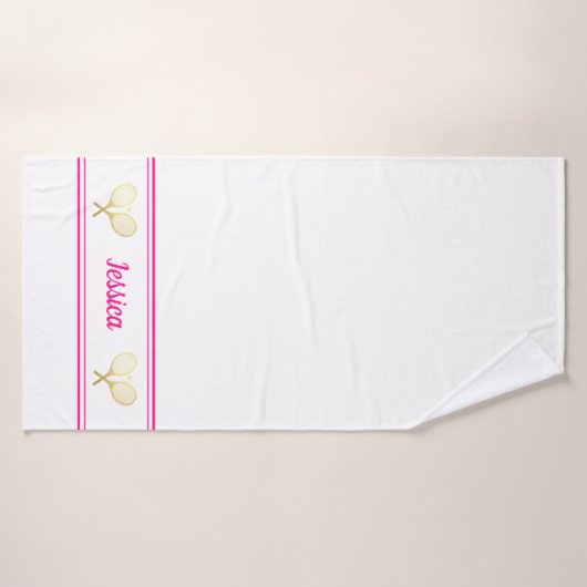 Aangepaste naam Tennis Player Bright Pink White Badhanddoek (Badhanddoek)