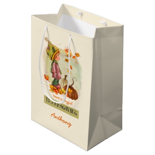Aangepaste naam Thanksgiving Medium Cadeauzakje (Voorkant Gekanteld)