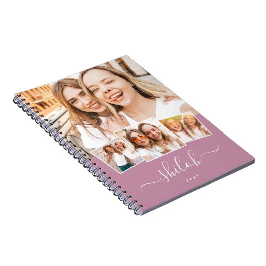 Aangepaste naam Trendy Modern Script 4 Foto Collag Notitieboek (Rechterzijde)