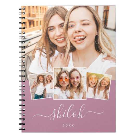 Aangepaste naam Trendy Modern Script 4 Foto Collag Notitieboek (Voorkant)