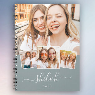 Aangepaste naam Trendy Modern Script 4 Foto Collag Notitieboek