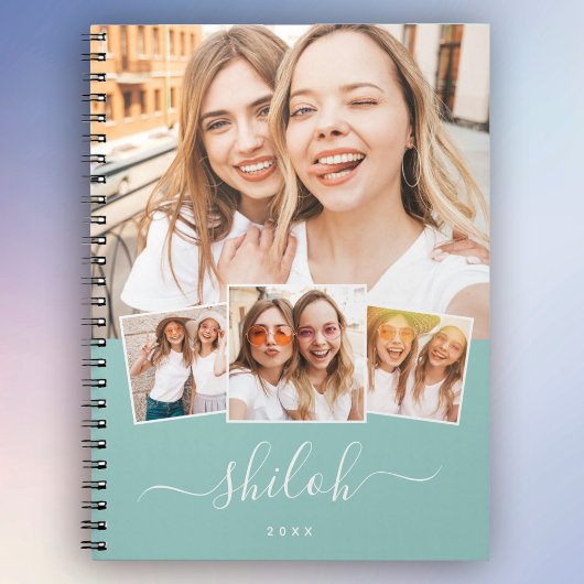 Aangepaste naam Trendy Modern Script 4 Foto Collag Notitieboek