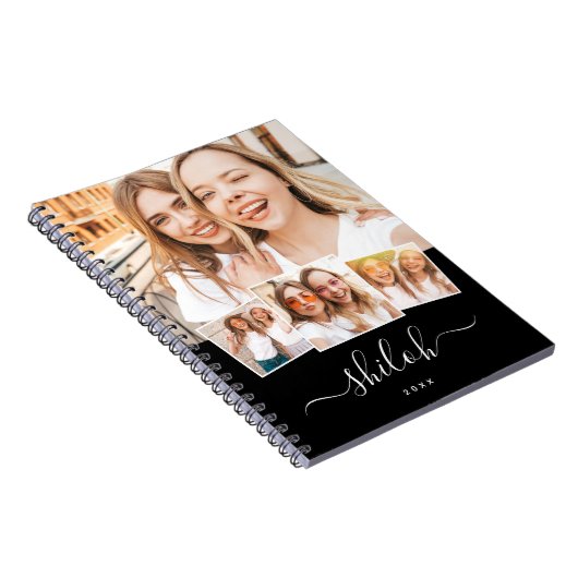 Aangepaste naam Trendy Modern Script 4 Foto Collag Notitieboek (Rechterzijde)