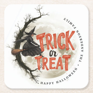 Aangepaste naam Trick or treat  heks Halloween Kartonnen Onderzetters
