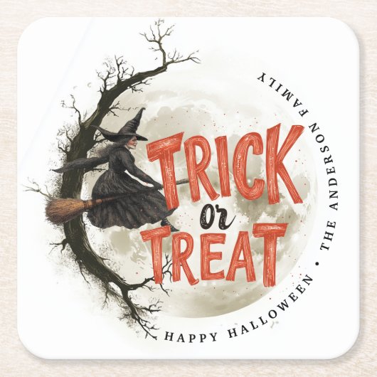 Aangepaste naam Trick or treat  heks Halloween Kartonnen Onderzetters (Voorkant)