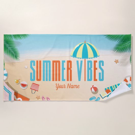 Aangepaste naam Tropical Vibes Summer Beach Strandlaken (Voorkant)