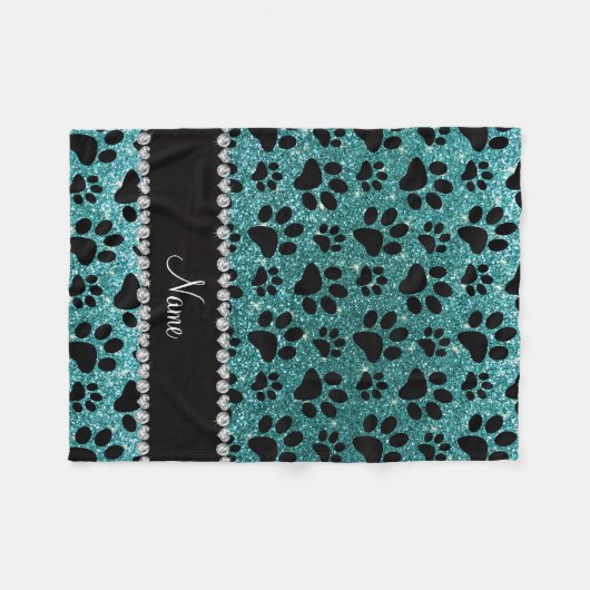Aangepaste naam turkooise glitter black dog pows fleece deken (Voorkant (Horizontaal))