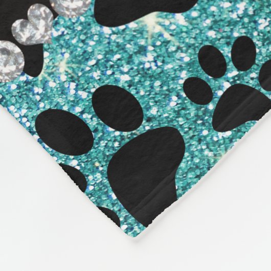 Aangepaste naam turkooise glitter black dog pows fleece deken (Hoek)
