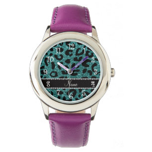 Aangepaste naam turkooise glitter cheetah print horloge