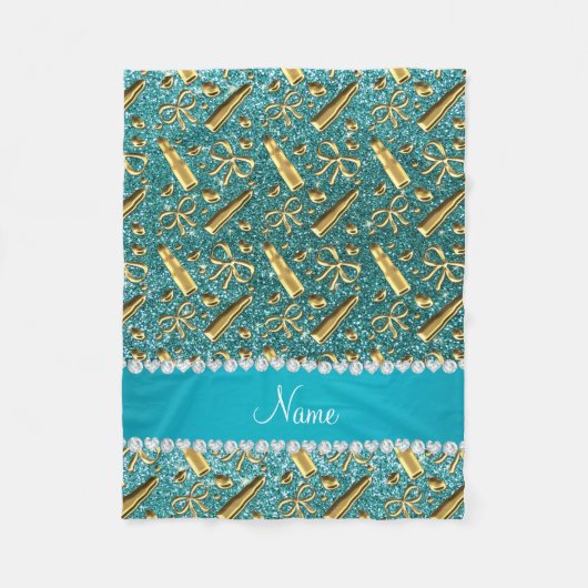 Aangepaste naam turkooise glitter gold lipstick fleece deken (Voorkant)