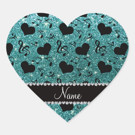 Aangepaste naam turkooise glitter muzieknoten hart sticker (Voorkant)
