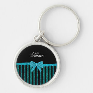 Aangepaste naam turkooise glitter strips bow sleutelhanger