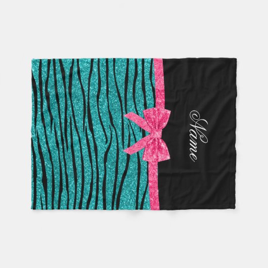 Aangepaste naam turkooise glitter zebra striboog fleece deken (Voorkant (Horizontaal))