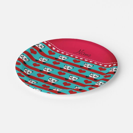 Aangepaste naam turkooise panda rode hartstrepen papieren bordje (Gekanteld)
