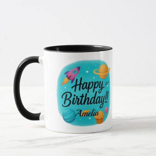 Aangepaste naam turquoise 21e verjaardag mok (Links)