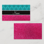 Aangepaste naam turquoise damask roze glitter contactkaartje (Voorkant / Achterkant)