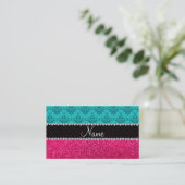 Aangepaste naam turquoise damask roze glitter contactkaartje (Staand voorkant)