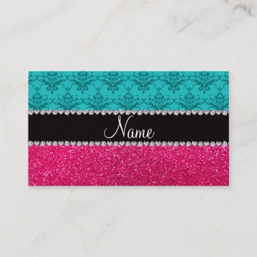 Aangepaste naam turquoise damask roze glitter contactkaartje (Voorkant)
