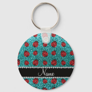 Aangepaste naam turquoise glitter ladybug sleutelhanger