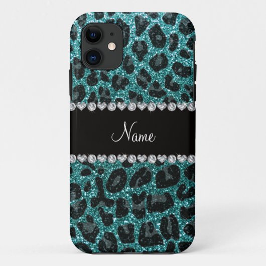 Aangepaste naam turquoise glitter leopard print Case-Mate iPhone case (Achterkant)