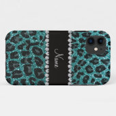 Aangepaste naam turquoise glitter leopard print Case-Mate iPhone case (Achterkant (horizontaal))