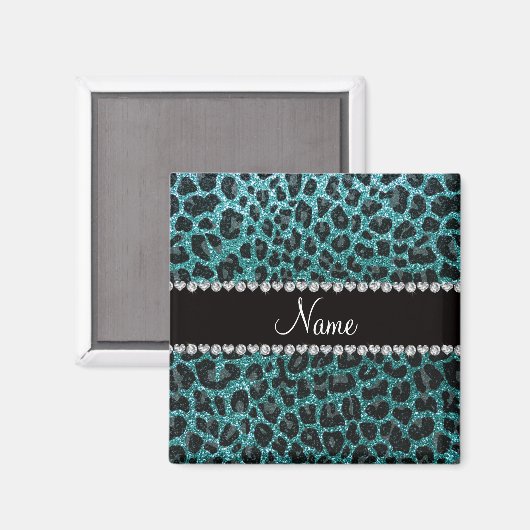 Aangepaste naam turquoise glitter leopard print magneet (Voorkant / Achterkant)