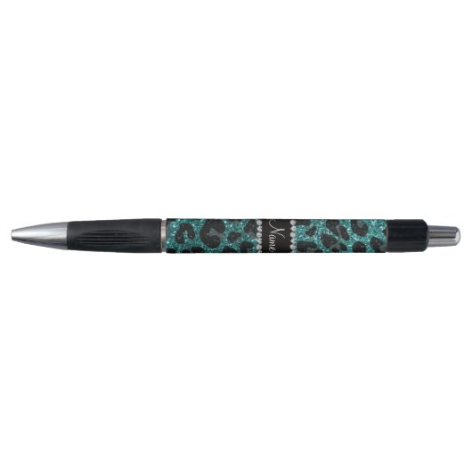 Aangepaste naam turquoise glitter leopard print pen (Voorkant)
