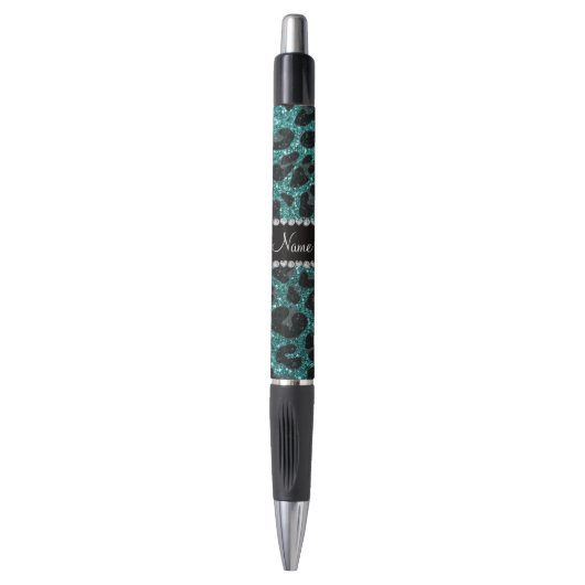 Aangepaste naam turquoise glitter leopard print pen (Voorkant Verticaal)