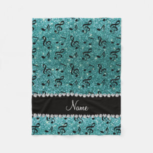 Aangepaste naam turquoise glitter muzieknoten fleece deken