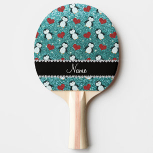 Aangepaste naam turquoise glitter pinguins hart tafeltennisbatje