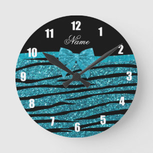 Aangepaste naam turquoise glitter zebra stripes ronde klok