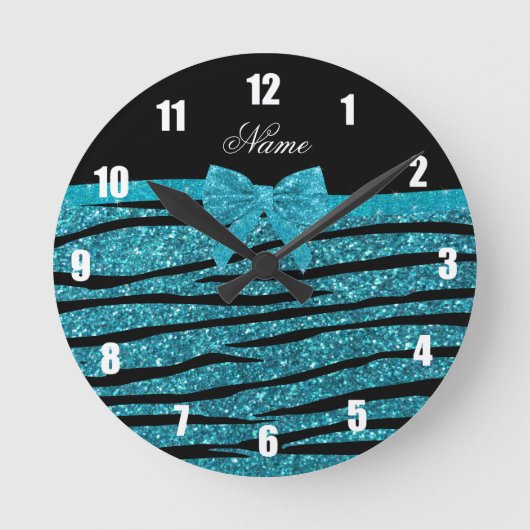 Aangepaste naam turquoise glitter zebra stripes ronde klok (Voorkant)