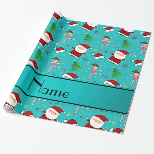 Aangepaste naam turquoise kerst gymnastiek santas cadeaupapier (Uitgerold)
