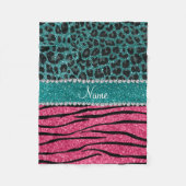 Aangepaste naam turquoise leopard roze glitter zeb fleece deken (Voorkant)