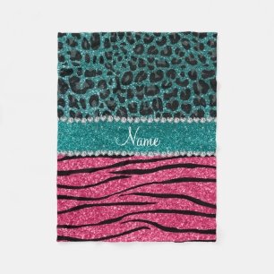 Aangepaste naam turquoise leopard roze glitter zeb fleece deken
