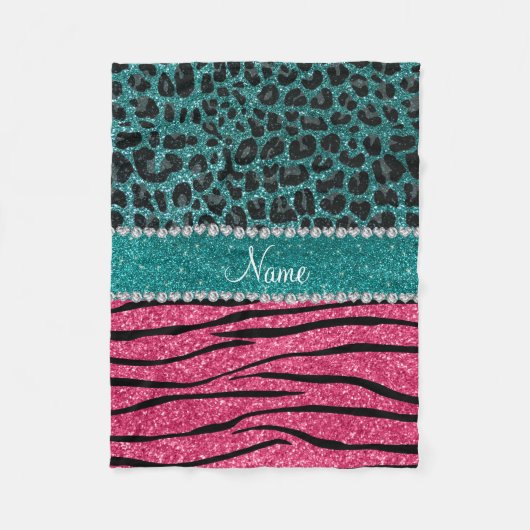 Aangepaste naam turquoise leopard roze glitter zeb fleece deken (Voorkant)