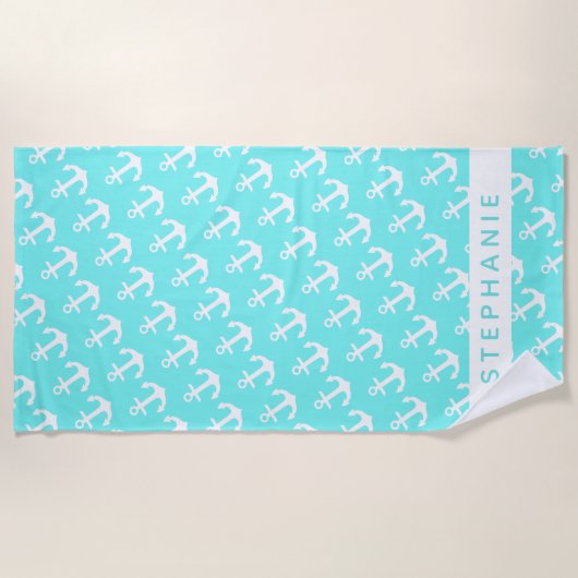Aangepaste naam Turquoise Nautical White Anchor Strandlaken (Voorkant)