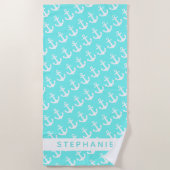 Aangepaste naam Turquoise Nautical White Anchor Strandlaken (Voorkant)