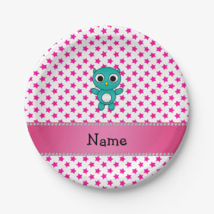 Aangepaste naam turquoise owl roze sterren papieren bordje