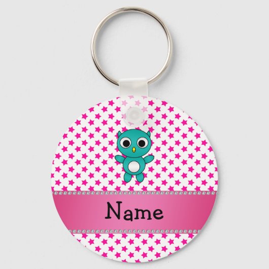 Aangepaste naam turquoise owl roze sterren sleutelhanger (Voorkant)