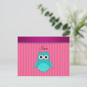 Aangepaste naam turquoise owl roze strepen briefkaart (Staand voorkant)