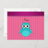 Aangepaste naam turquoise owl roze strepen briefkaart (Voorkant / Achterkant)