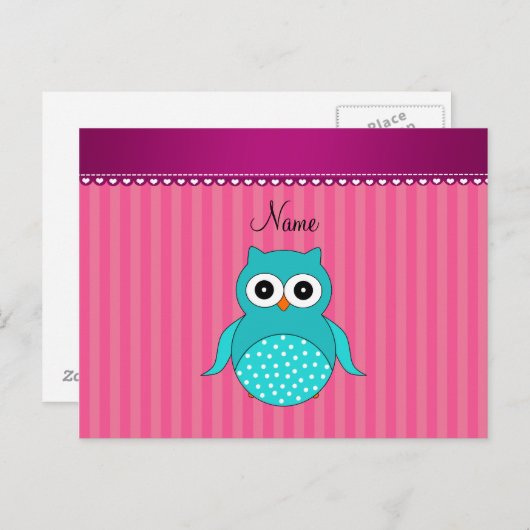 Aangepaste naam turquoise owl roze strepen briefkaart (Voorkant / Achterkant)