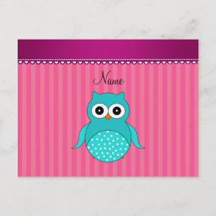 Aangepaste naam turquoise owl roze strepen briefkaart