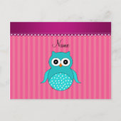 Aangepaste naam turquoise owl roze strepen briefkaart (Voorkant)