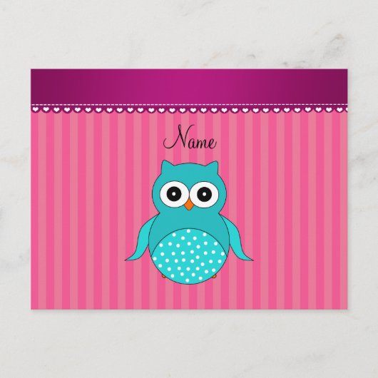 Aangepaste naam turquoise owl roze strepen briefkaart (Voorkant)