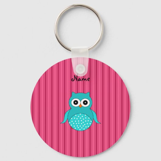 Aangepaste naam turquoise owl roze strepen sleutelhanger (Voorkant)