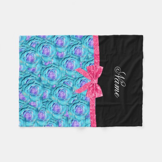 Aangepaste naam turquoise rozen roze glitter bow fleece deken (Voorkant (Horizontaal))